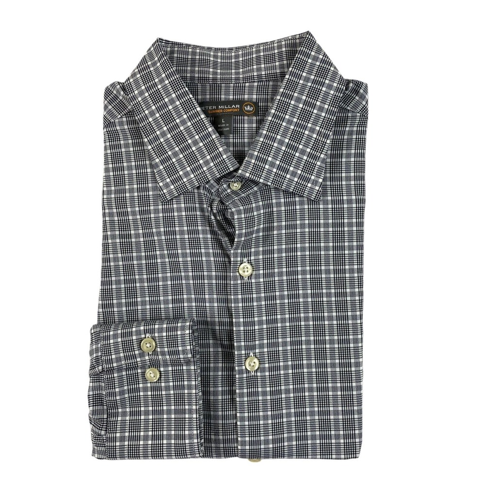 Peter Millar Summer Comfort Gray Black Plaid Performance Button Front Shirt L